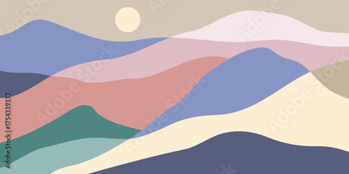 Mountain colors, translucent waves, sunset, abstract glass shapes, modern background, design vector illustration