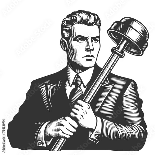 stern businessman in a suit holding a toilet plunger, blending professionalism with humor sketch engraving generative ai fictional character vector illustration. Scratch board. Black and white image.