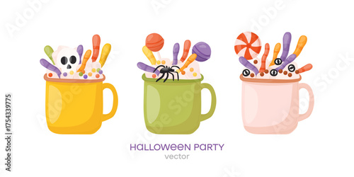 Halloween cute drinks. Mugs with marshmallow and creepy candies for Halloween. Vector illustration.