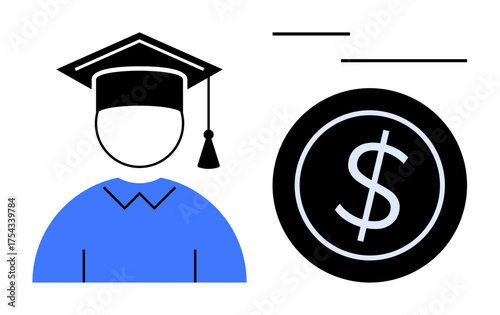 Graduate in mortarboard cap next to dollar coin, symbolizing financial investment, education, student loans, and budgeting. Ideal for education, finance, career growth, loan planning scholarships