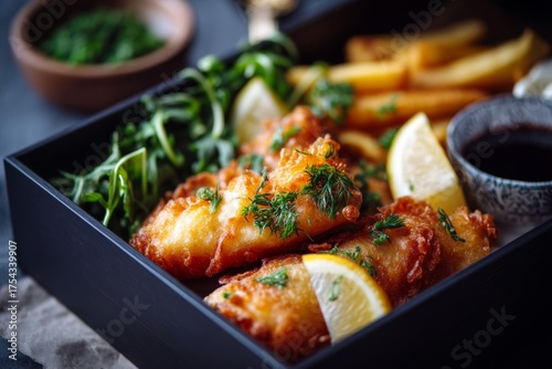 Macro detail close-up photography of an exquisite fish and chips in a bento box while standing against natural brick background