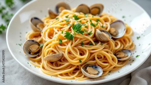 Spaghetti alle vongole, a classic italian pasta dish with clams, garlic, white wine, and parsley, served on a white plate