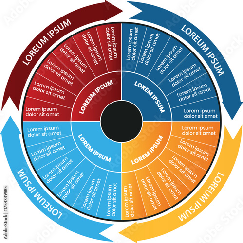 Collection of vector circle chart infographic templates for presentations, advertising, layouts, annual reports. 4 options, steps, parts	