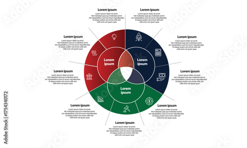 Collection of vector circle chart infographic templates for presentations, advertising, layouts, annual reports. 4 options, steps, parts,venn