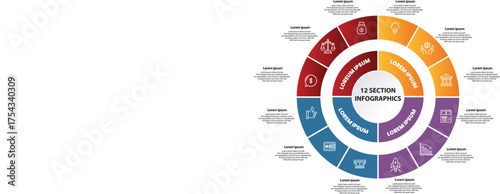 Collection of vector circle chart infographic templates for presentations, advertising, layouts, annual reports.12 options, steps, parts	