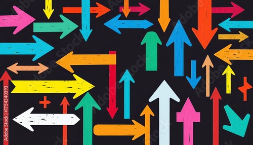 Assorted arrows pointing in various directions, diverse colors and styles,  collection,  design