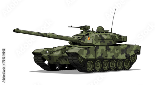 Powerful armored military main battle tank illustration with green camouflage pattern for defense and security operations, symbolizing strength and strategic combat readiness in conflict zones