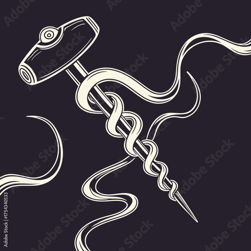 Stylized Corkscrew with Flowing Ribbon, Wine Tool Art