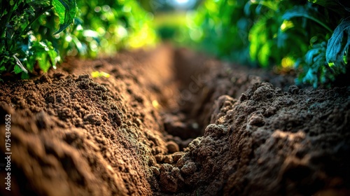 Close up view of fertile soil in agricultural field surrounded by lush green plants