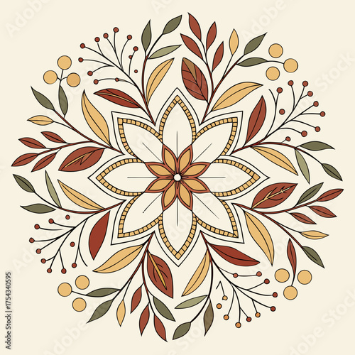 Decorative autumn circular pattern with fall leaves, branches, and berries creating a beautiful floral mandala design on a cream background