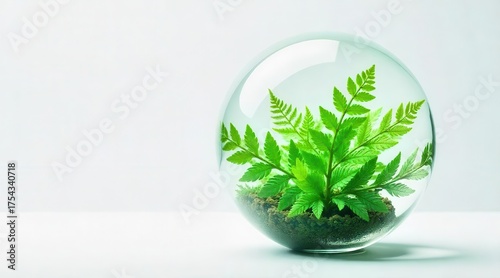 Tiny verdant fronds flourish within a delicate glass orb, cradled by rich earth under a pure illumination
