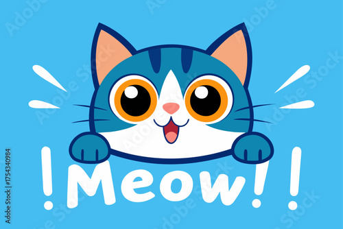Cartoon blue cat with big eyes saying meow graphic