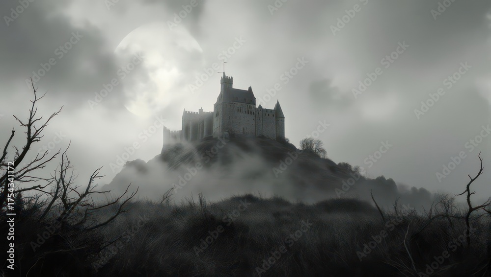 Fototapeta premium Eerie Castle Silhouette Against a Misty Moonlit Sky.