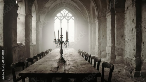 Eerie Hallway with Long Table and Candelabra in Old Building.