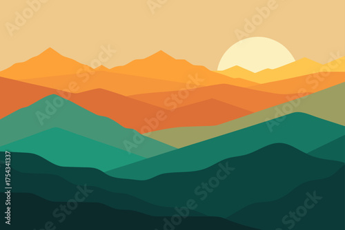 Illustration of layered mountains with a rising sun