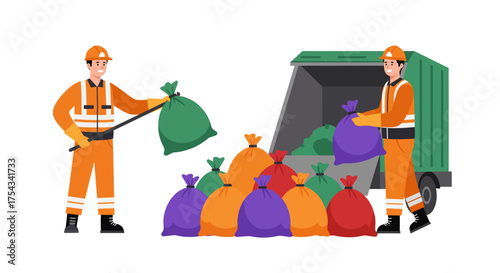 Garbage Collectors Loading Trash Bags into Truck.