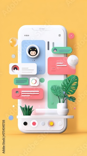 Colorful 3d mobile app interface design with pastel chat bubbles, user avatars and tropical plants on smartphone mockup against vibrant yellow background