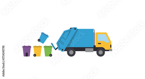 Colorful Garbage Truck Collecting Bins Illustration.