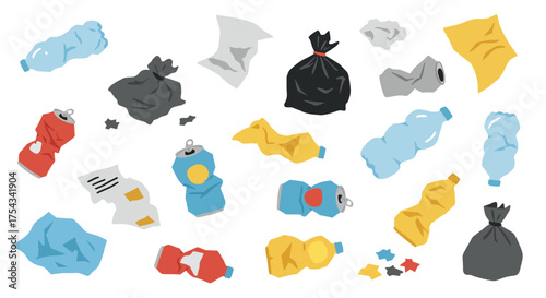 Cartoon Illustration of Discarded Waste and Litter Items.
