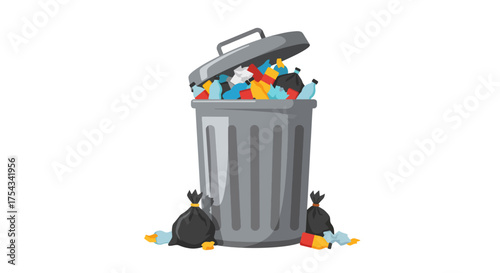 Overfilled Trash Can with Litter and Garbage Bags.