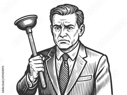 stern businessman in a suit holding a toilet plunger, blending professionalism with humor sketch engraving generative ai fictional character vector illustration. Scratch board. Black and white image.