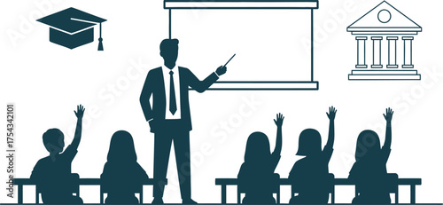 Silhouettes of a teacher and students in a classroom setting - illustrating education, learning, and academic growth