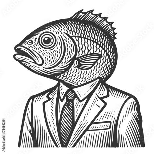 man in a suit with a fish head, symbolizing absurdity, identity, or satire sketch engraving generative ai fictional character vector illustration. Scratch board imitation. Black and white image.