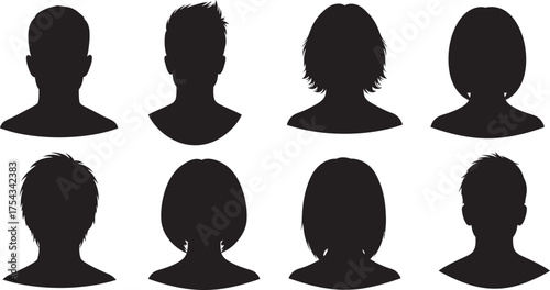 Eight black silhouettes of diverse human heads and hairstyles - representing generic identity and anonymity