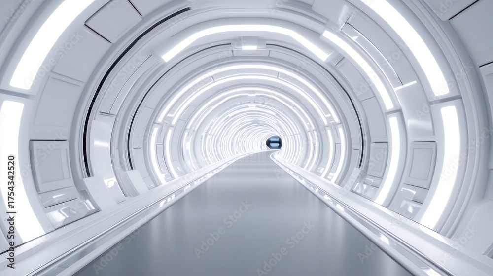 Obraz premium An abstract soft white futuristic science spaceship tunnel corridor with glowing lights as a wallpaper background 3d rendering.