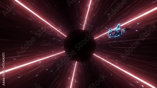 Realistic 3D Abstract Sci Fi Tunnel With Spaceship Flying Through Red Light Streaks