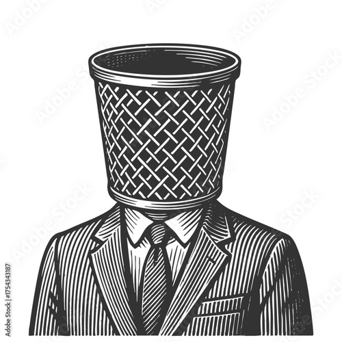 man in a suit with a wastebasket for a head, representing absurdity, burnout, or modern satire sketch engraving generative ai vector illustration. Scratch board imitation. Black and white image.