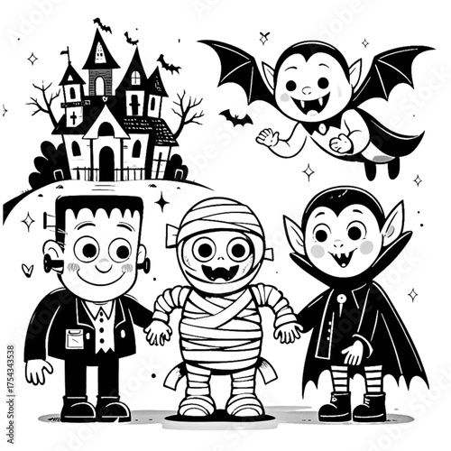 Halloween coloring book illustration set