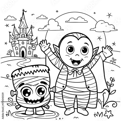Halloween coloring book illustration set
