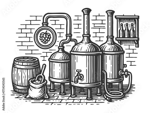 brewery tanks and pipes, depicting traditional beer brewing equipment with detailed industrial craftsmanship sketch engraving generative ai vector illustration. Scratch board. Black and white image.