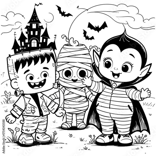 Halloween coloring book illustration set