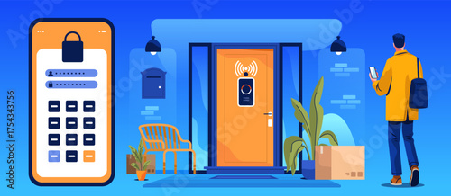 Smart home security access control system app man using mobile phone at front door with wireless lock modern house exterior plants parcel bench blue background