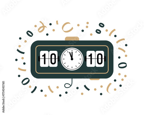 Retro flip clock showing ten ten surrounded by confetti and streamers
