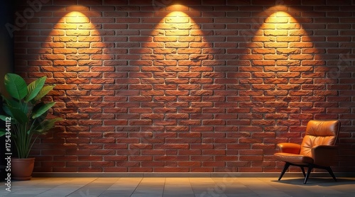 A warm, inviting minimalist scene featuring a comfortable armchair and a lush plant against a rustic brick wall bathed in spotlight.