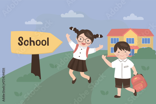 Children going to school. School boy and girl going to school in the morning. Starting learning process, education. Classmates, friends