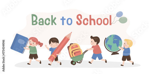 Back to school, colorful funny children. Classmates carry education items. Starting new learning year. Education process.