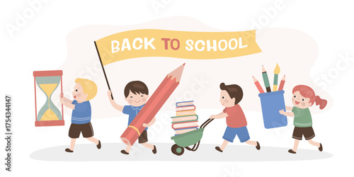 Back to school, horizontal banner, colorful funny children. Classmates carry education items. Starting new learning year. Education process. Male and female students