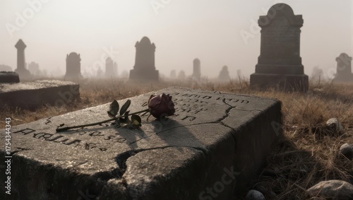 Eerie Cemetery Scene with Fog and Rose on Tombstone.