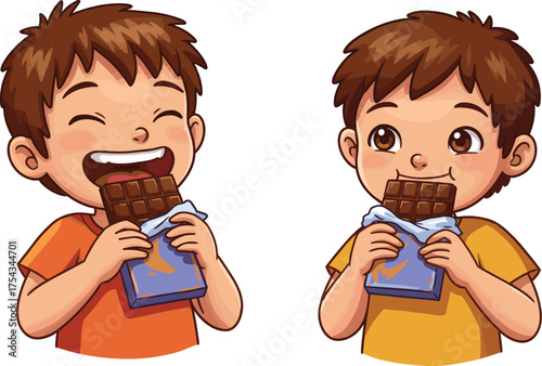 Cartoon children eating chocolate, emotional reactions, joyful and thoughtful expressions, sweet snack moment, food behavior, childhood taste, vector illustration, happy kids