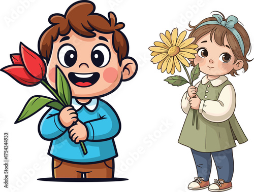 Cartoon children holding flowers, cheerful kids illustration, springtime joy, nature appreciation, cute boy and girl, happy moment, floral gift, outdoor innocence
