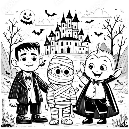 Halloween coloring book illustration set