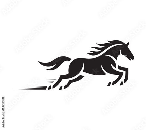 A powerful black stallion jumping at high speed. A minimalist vector icon of a galloping horse silhouette.