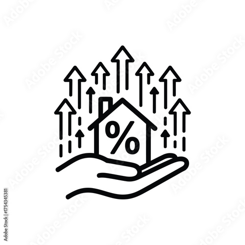 Hand holding house with upward arrows and percentage symbol