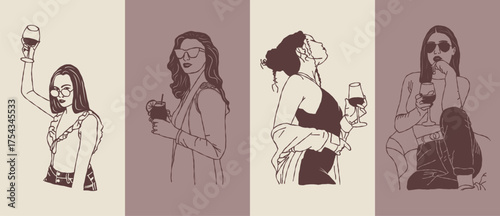 Girls drinking wine, calming relaxing scene, minimalist illustrations for decoration