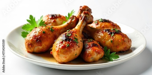 Succulent glazed chicken drumsticks artfully arranged on a clean white plate, garnished with fresh green herbs, creating a mouthwatering culinary display.