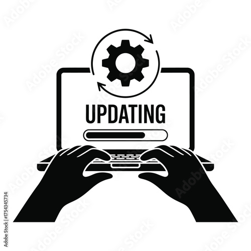 Laptop updating process with progress bar and gears icon
